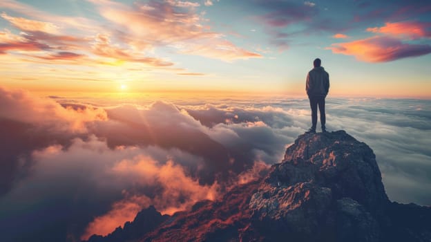 A man standing on top of a mountain looking out over the clouds