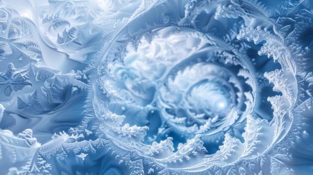 A close up of a blue and white swirl pattern on the wall