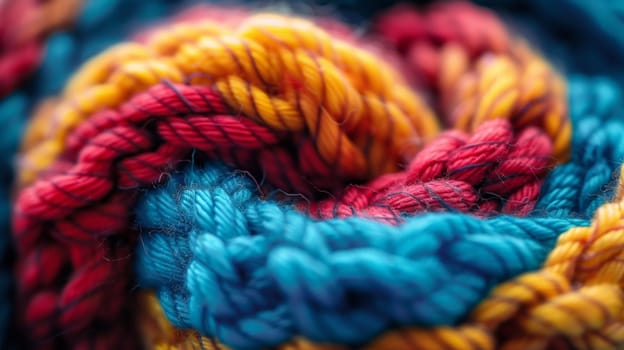 A close up of a colorful yarn ball with different colors