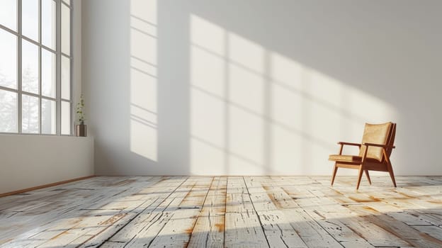 A chair sitting in an empty room with a large window
