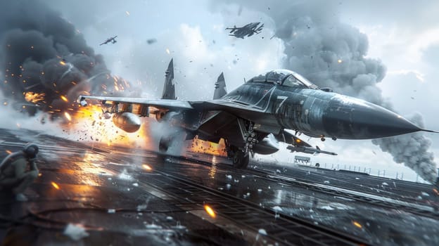 A powerful fighter jet slices through a cloudy sky, leaving a trail of determination and bravery in its wake as it navigates the turbulent atmosphere.