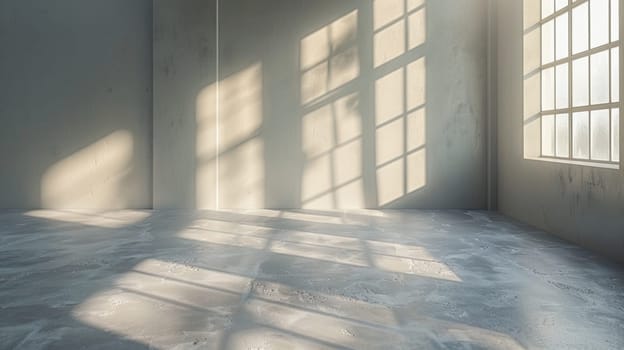 A room with a large window and some sunlight coming in