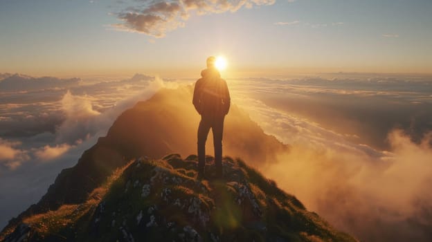 A man standing on top of a mountain with the sun shining down