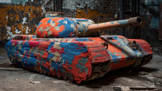 A tank covered in a colorful blanket sits on the floor