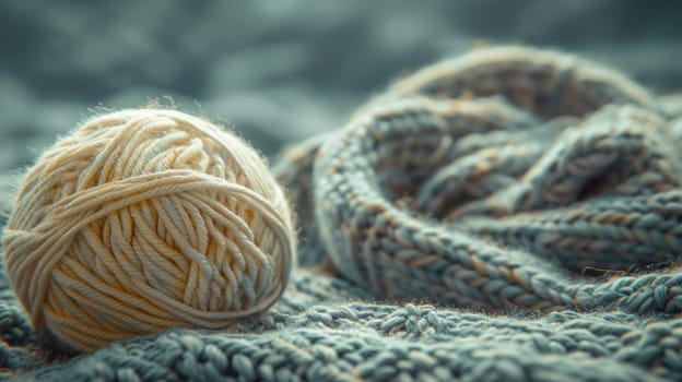 A ball of yarn on a blanket with other balls