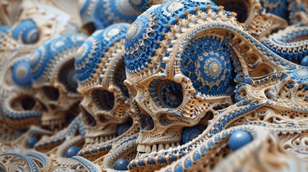 A close up of a bunch of skulls made out of blue and white