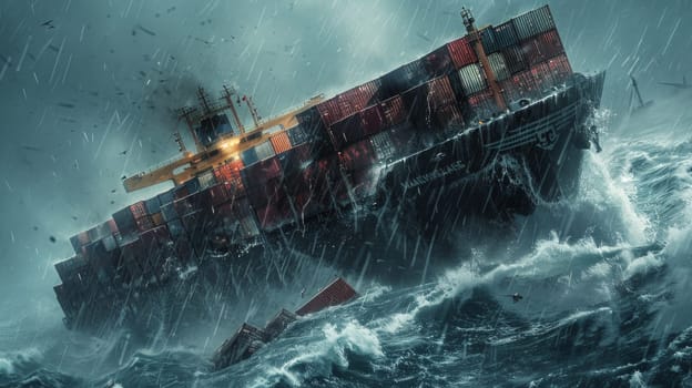 grand container ship sits boldly in the vast expanse of the ocean, weathering a fierce storm as it loses containers to the powerful waves.