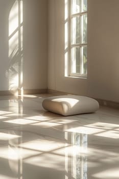 A white floor with a cushion in the middle of it