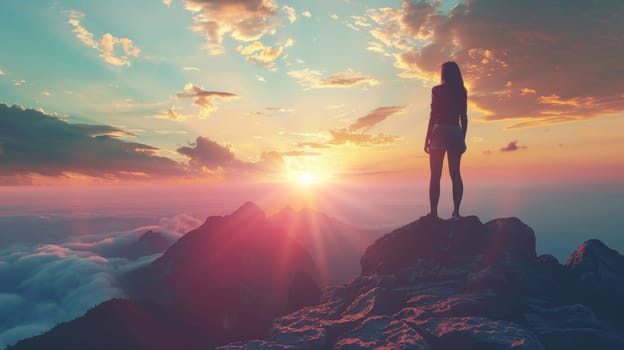 A woman standing on top of a mountain looking at the sunset