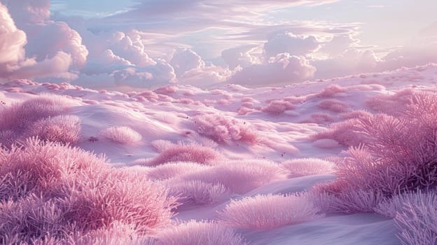 A serene landscape featuring vibrant pink plants swaying gracefully under a sky filled with fluffy clouds.