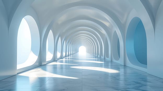 A long white tunnel with arched windows and a light coming through