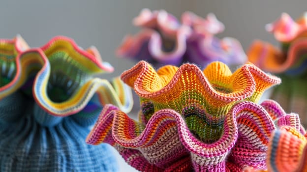 A group of colorful knitted vases sitting on a table