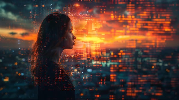 A woman looking at a cityscape with lights and stars