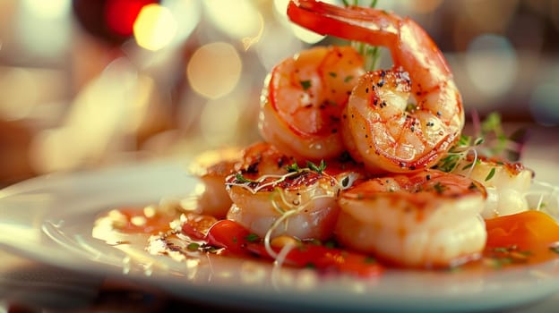 A plate of shrimp and vegetables on a white table