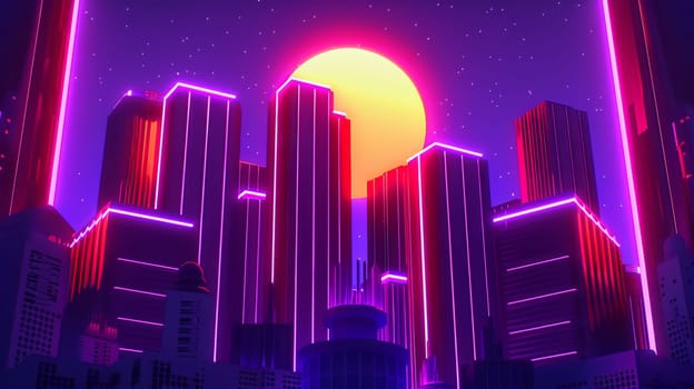 A city skyline with neon lights and a bright orange sun