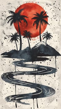 A painting of a sunset with palm trees and water