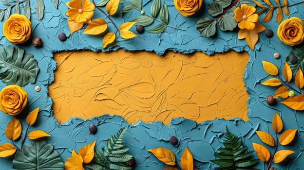 A picture of a torn up piece of paper with yellow flowers and leaves