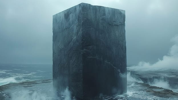 A large black rock sitting in the middle of a body of water