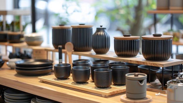 A wooden shelf with many cups and bowls on it