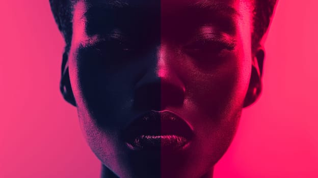 A woman with her eyes closed and a pink background