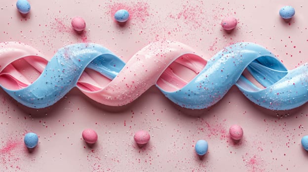 A pink and blue candy balls are arranged in a wavy pattern