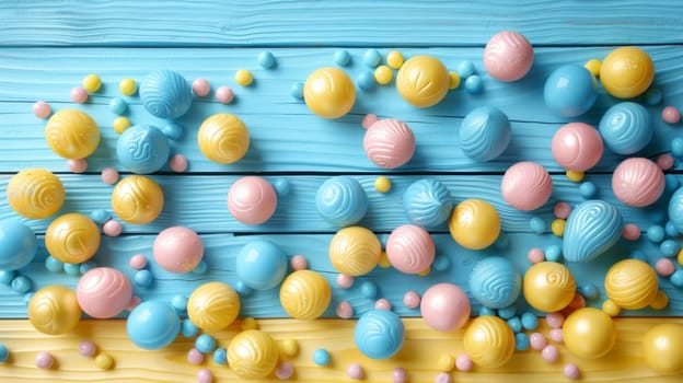 A blue and yellow candy on a wooden table with some in the air