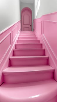 A pink painted stairs leading up to a door in the wall
