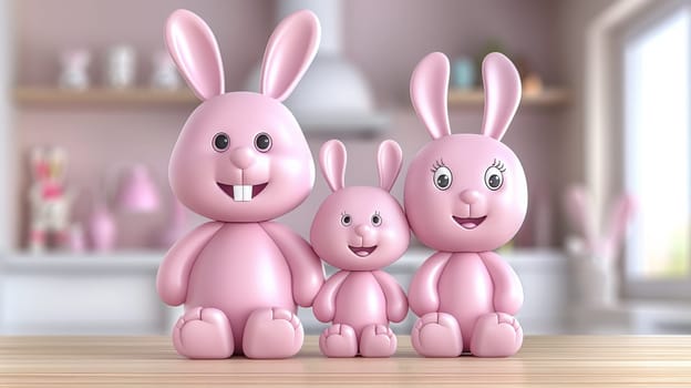 Three pink bunny figurines standing next to each other on a table