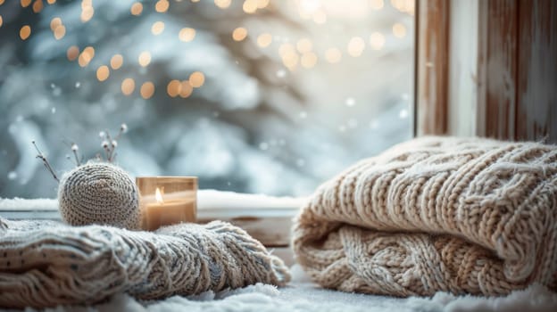 A candle and a blanket on the window sill in front of snow