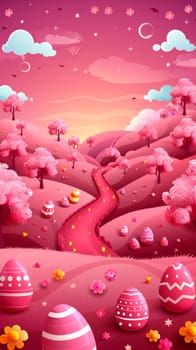 A cartoon landscape with pink trees and flowers, a path leading to the mountains