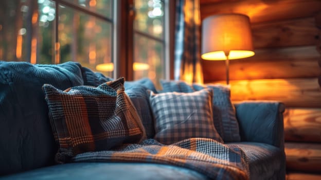 A couch with a blue blanket and pillows sitting in front of the window