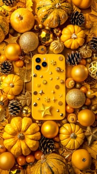 A close up of a yellow iphone case surrounded by gold and orange decorations