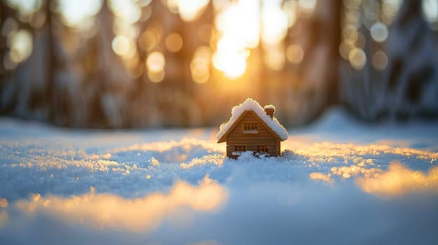 A small house is sitting in the snow with sun shining