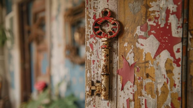 A rusty key hanging on a wall with some graffiti