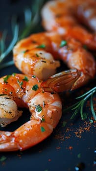 A close up of a plate with shrimp and herbs on it