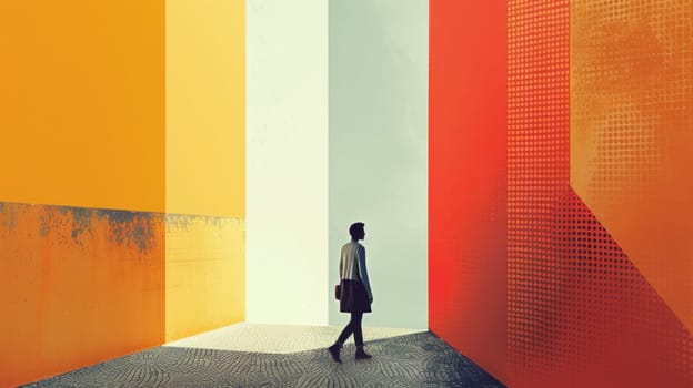 A person walking down a hallway with an umbrella and briefcase
