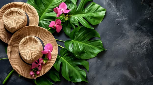 Two straw hats and pink flowers on a black background