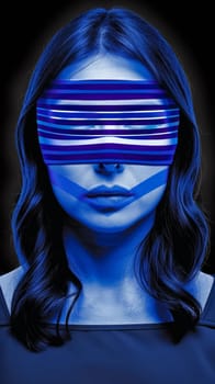 A woman with a blue strip over her eyes and mouth