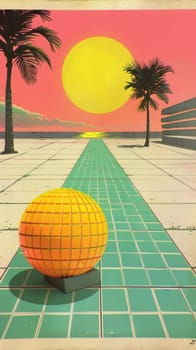 A painting of a yellow ball on the ground next to palm trees