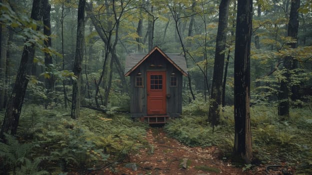 A small cabin in the woods with a red door