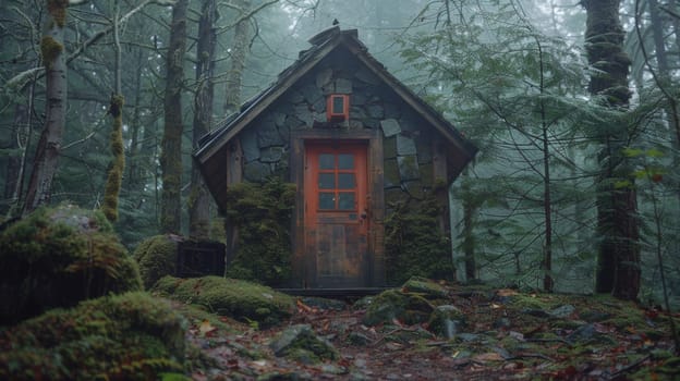 A small cabin in the woods with a red door