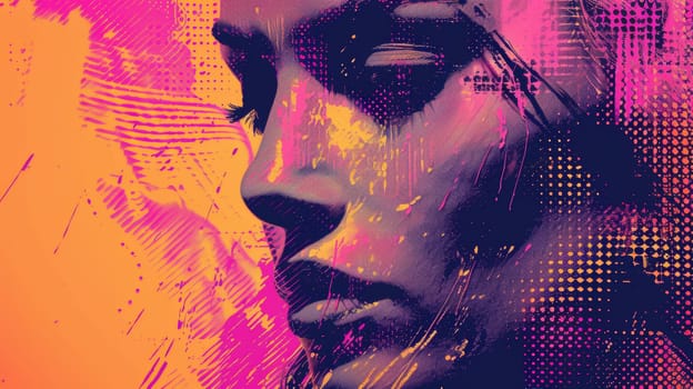 A woman's face is shown in a colorful painting