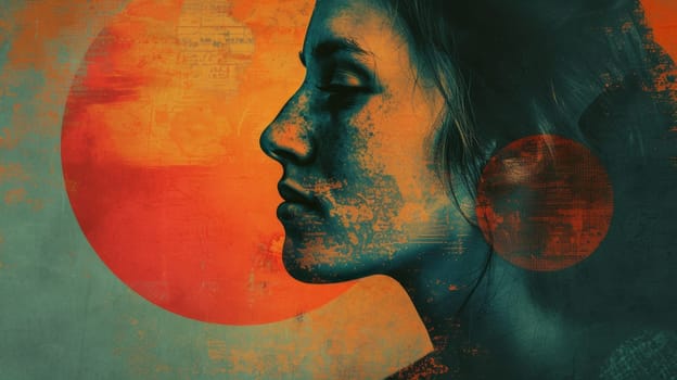 A woman with a red and orange background in the shape of an apple