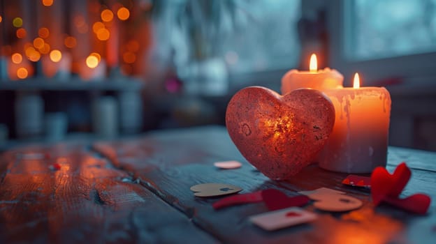 A couple of candles and a heart shaped rock on top of wood table