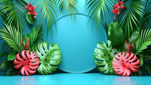 A tropical background with a blue circle and some leaves