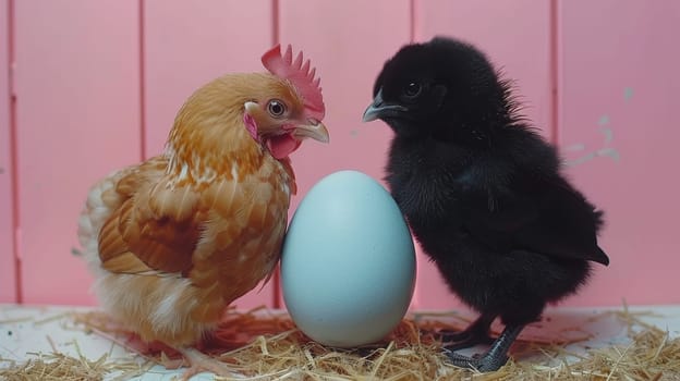Two chickens standing next to each other near a blue egg