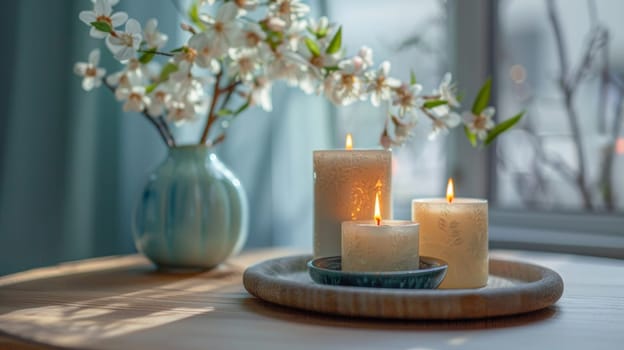 A vase with flowers and candles on a table next to some plates