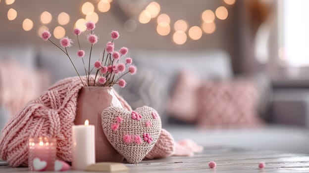 A vase with a heart shaped decoration and candles on the table