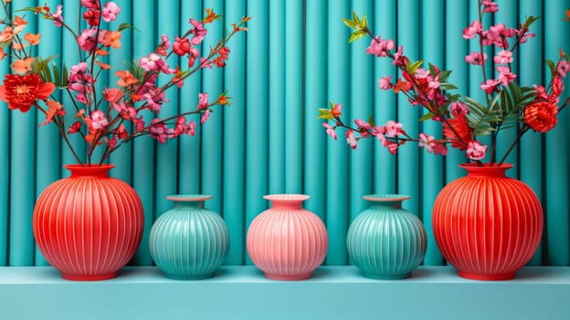 A group of three vases with flowers in them on a blue wall