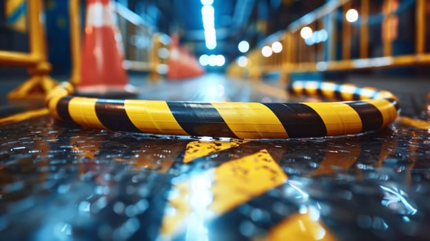 A close up of a yellow and black striped road hazard